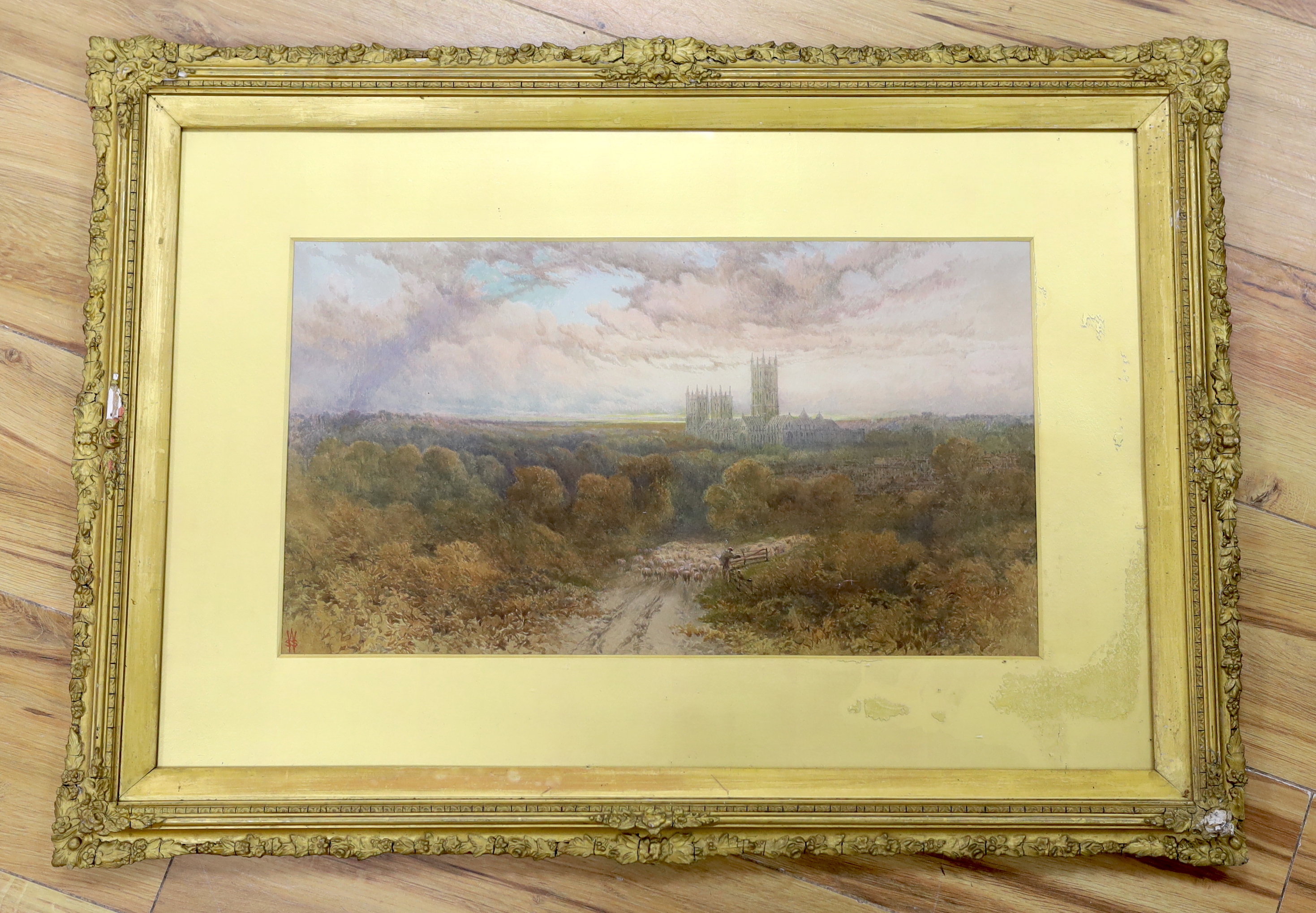 WSS, 19th century watercolour, Shepherd and flock with Canterbury cathedral in the distance, monogrammed, 27 x 48cm